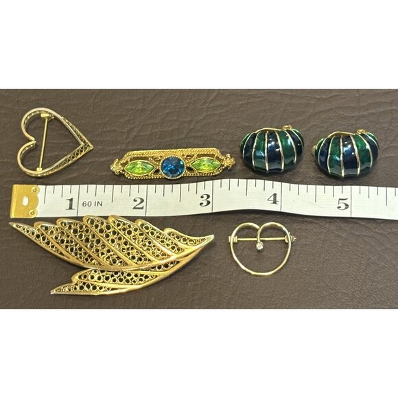 Vintage Jewelry Lot 1928 Avante Rhinestone Heart Brooch Pin Enamel Earrings - Picture 10 of 11